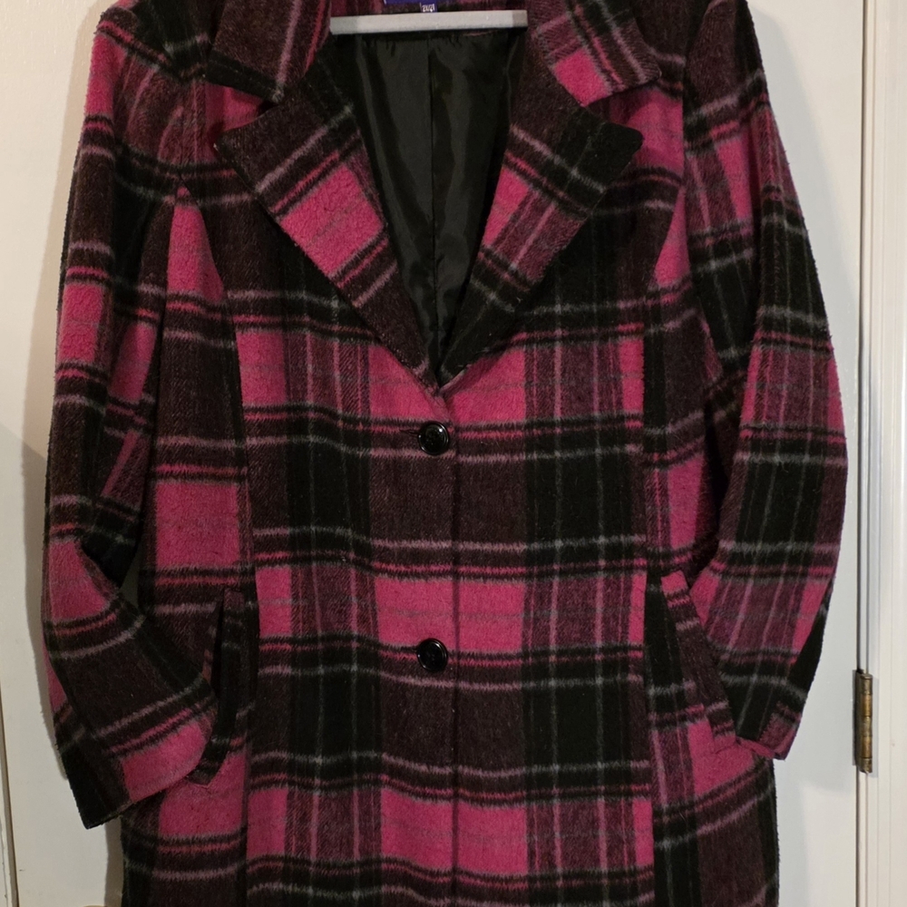 Madden Girl Pink and Black Plaid Pea Coat
